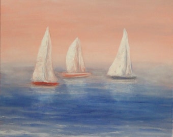 Sailboats art for lake decor paintings morning art for house Sailing boat art nautical wall art blue beige white colors