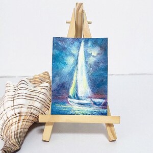 Piccola opera d'arte ACEO con cavalletto in legno arte originale regalo unico pezzi di paesaggio marino disegno di yacht arte della tempesta piccolo mare bel decor