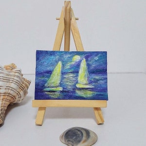 Originele ACEO-kunst met houten ezel zeegezicht minischilderij handgemaakte miniatuurkunst gele zeilen ATS kunst nacht zee gele jachten acrylkunst