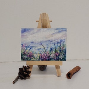 Verano mañana flores silvestres arte ACEO paisaje escénico pintura campo obras de arte flores coleccionables arte rústico granja decoración gracias regalo