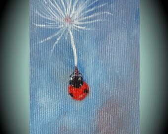 Original ACEO Ladybug painting handmade tiny collectable artwork miniature art with wood easel gift for lovers ladybug mini acrylic art