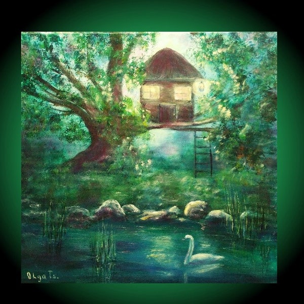 holiday gift christmas gifts idea fantasy art House tree art forest painting white swan lake art canvas art collectibles  free shipping