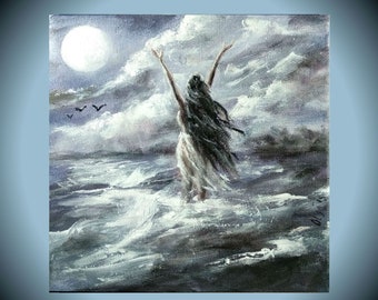 Witch art moon night art woodland witch power of the elements sea and sky fantasy art small decor gift grey white painting witch girl