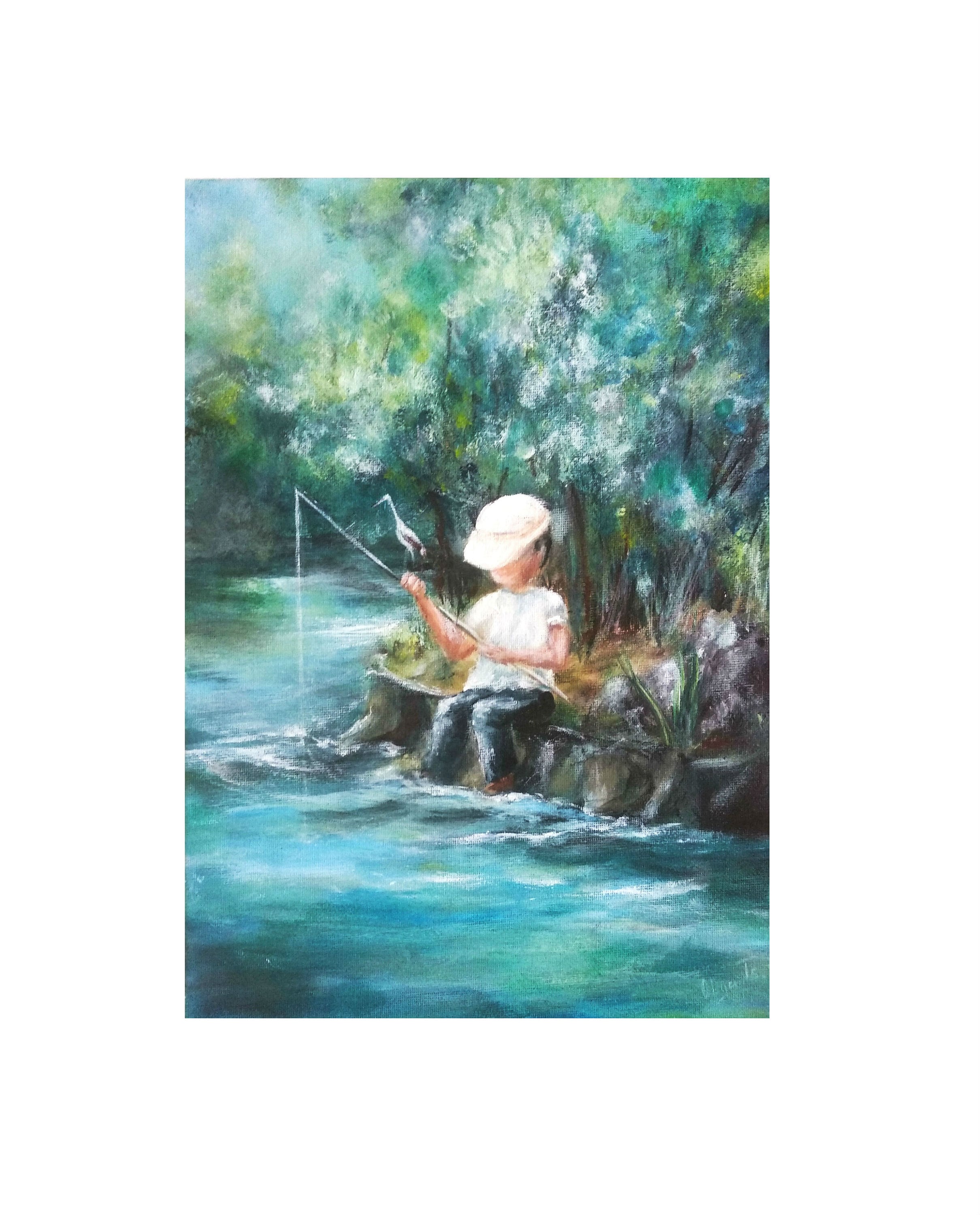 Art Handmade Original 9x13 Inch Fishing Little Boy, Green White
