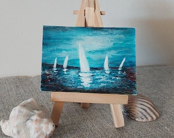 Yachts  in ocean  ACEO painting on canvas, Mini handmade artwork for book shelf decor, love sister's gift for brother