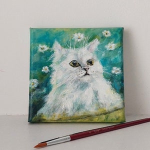 White Cat Painting Original Pet Art on Tiny 5 by 5 Canvas Kitty Portrait, Wildflowers Meadow Artwork, Animal Wall Art, Cats Lover Gift