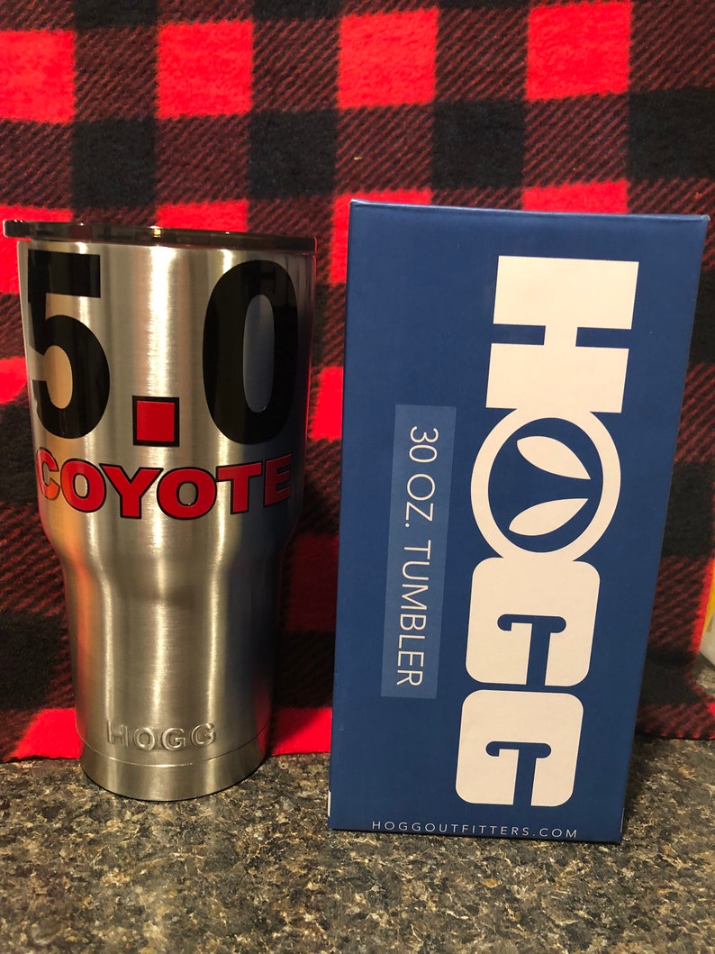 30oz HOGG Tumbler With Sliding Lid Has the 5.0 Coyote Decal on It