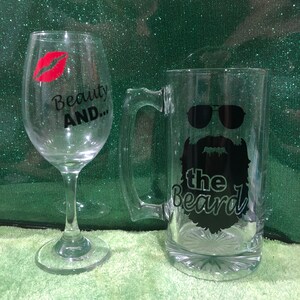 Beauty and the Beard / Bride and Groom beer mug and wine glass / wedding gift present husband and wife glass ware / His & Her mugs