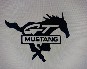 May include: Black and white silhouette of a running horse with the text "GT MUSTANG" in a white rectangle.