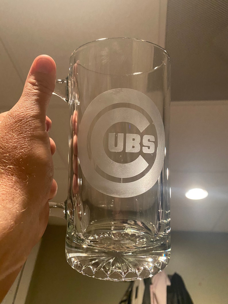 Chicago Cubs Glass Etched Beer Mug / Wedding Gift Present Husband and