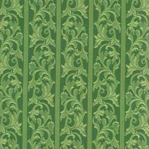 May include: Green and light green vertical striped pattern with a repeating floral design. The pattern features a detailed, ornate, and symmetrical design, creating a textured appearance. The background is a solid, darker green.