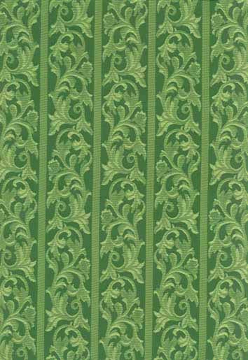May include: Green and light green vertical striped pattern with a repeating floral design. The pattern features a detailed, ornate, and symmetrical design, creating a textured appearance. The background is a solid, darker green.