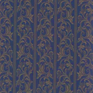May include: A repeating pattern of vertical stripes with a dark blue background. The stripes are separated by a darker blue color. The pattern features a gold floral design.