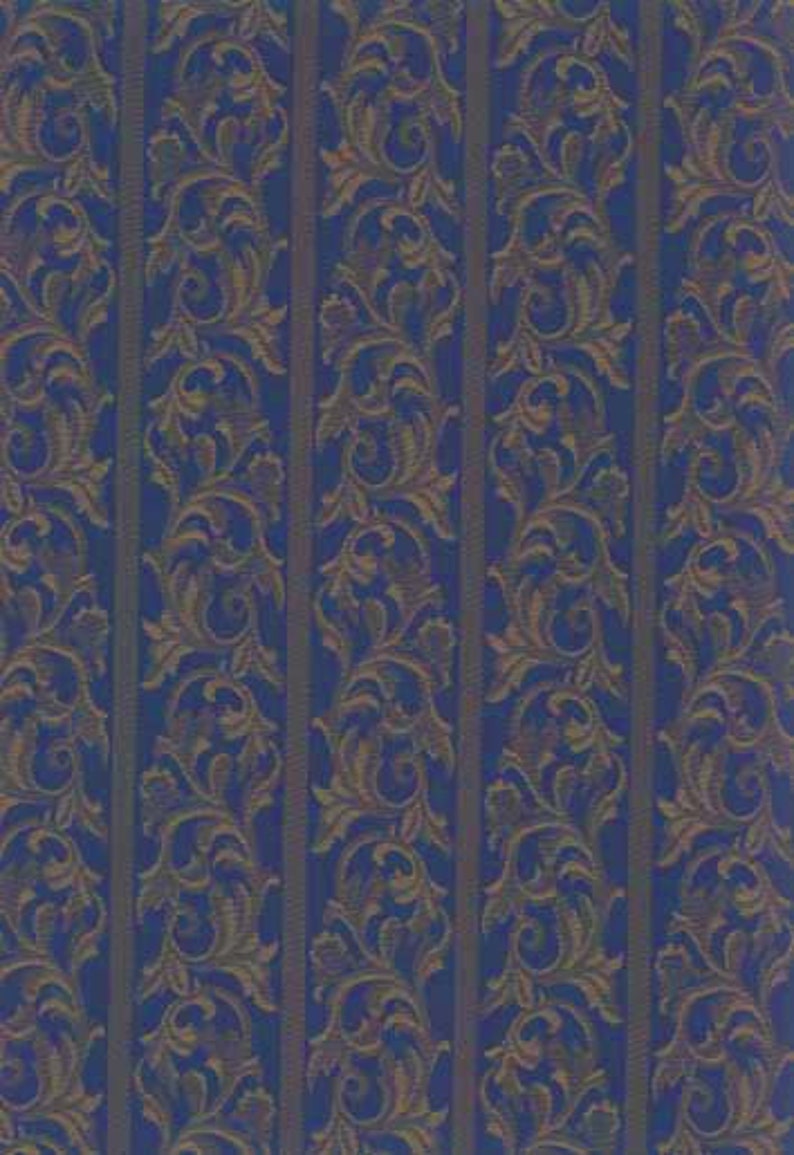 May include: A repeating pattern of vertical stripes with a dark blue background. The stripes are separated by a darker blue color. The pattern features a gold floral design.