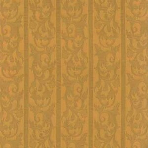May include: A vertical pattern of wallpaper featuring alternating stripes. The wider stripes have a gold background with a repeating floral design in a lighter gold color. The narrower stripes are a solid gold color.