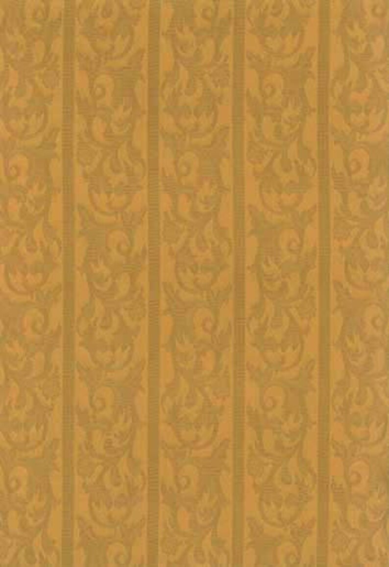 May include: A vertical pattern of wallpaper featuring alternating stripes. The wider stripes have a gold background with a repeating floral design in a lighter gold color. The narrower stripes are a solid gold color.
