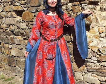 Medieval woman dress, medieval dress, historical costume, historical woman dress, medieval historical costume, brocade dress, medieval hat