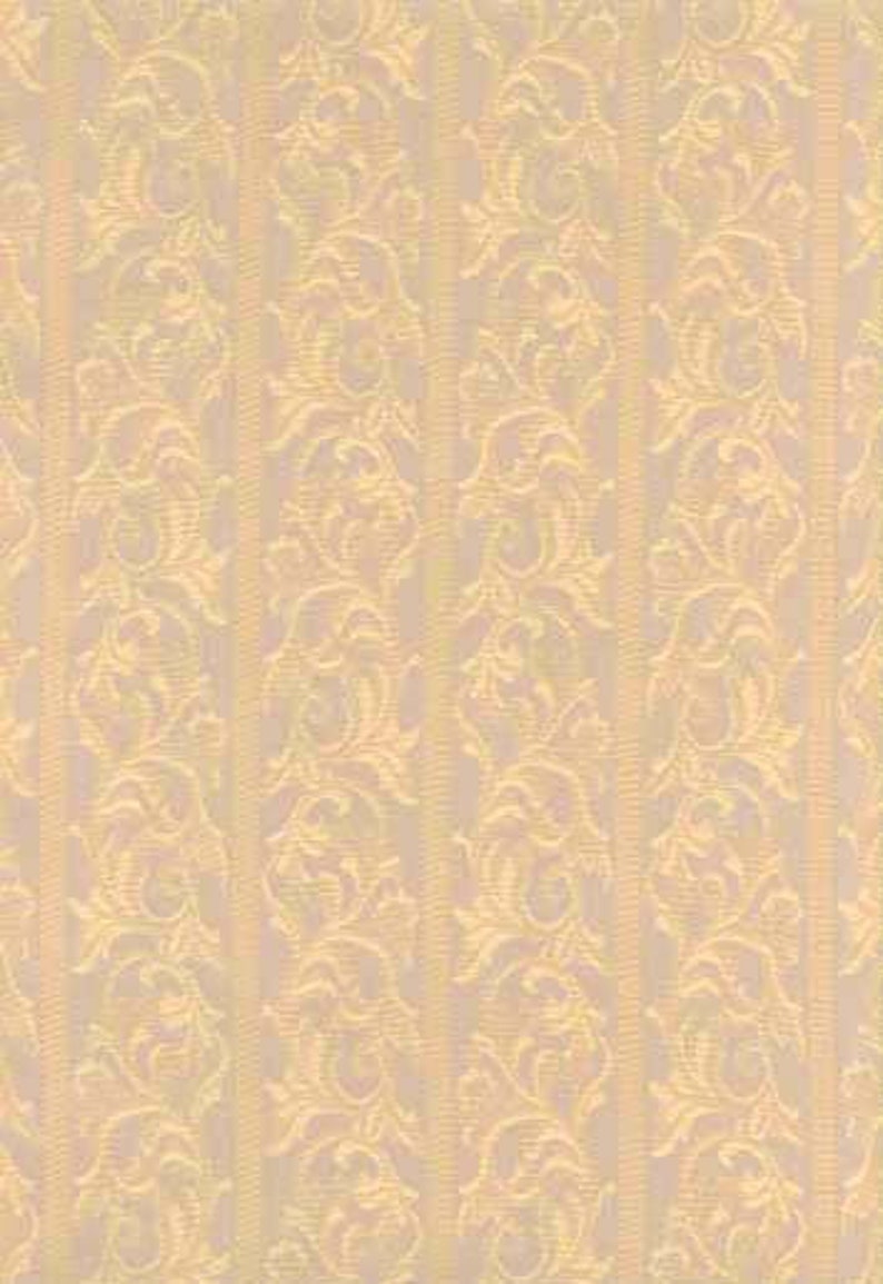 May include: A repeating pattern of vertical stripes with a floral design. The background is a light beige color, and the floral design is a slightly darker beige. The pattern is suitable for wallpaper or fabric.