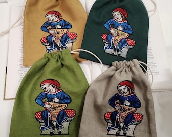 Medieval purse, Medieval bag, linen bag, bag with historical embroidery, historical accessory, medieval embroidered bag,psaltery player