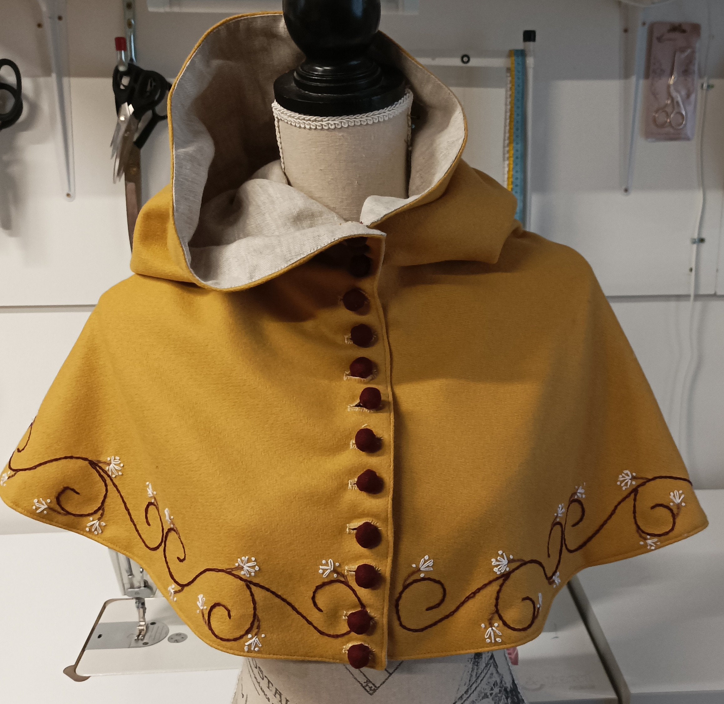 Ocher Woolen Medieval Hood With Hand Embroidery and Handmade