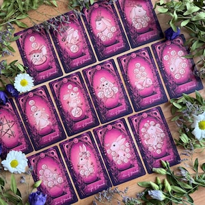 May include: A collection of fourteen tarot cards featuring pink and purple backgrounds with illustrations of white rabbits and pentacles. Each card is framed in an ornate, dark border and displays a unique scene with rabbits interacting with coins.