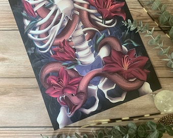The Internal Struggle, ribcage, snake, skeletal art, anatomy, illustration, print