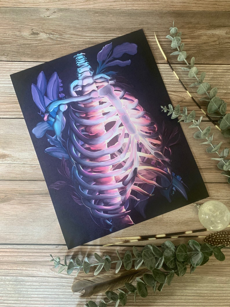 May include: A vibrant, abstract illustration of a human ribcage with glowing purple and blue hues. The ribcage is surrounded by stylized floral elements, creating a surreal and ethereal aesthetic.