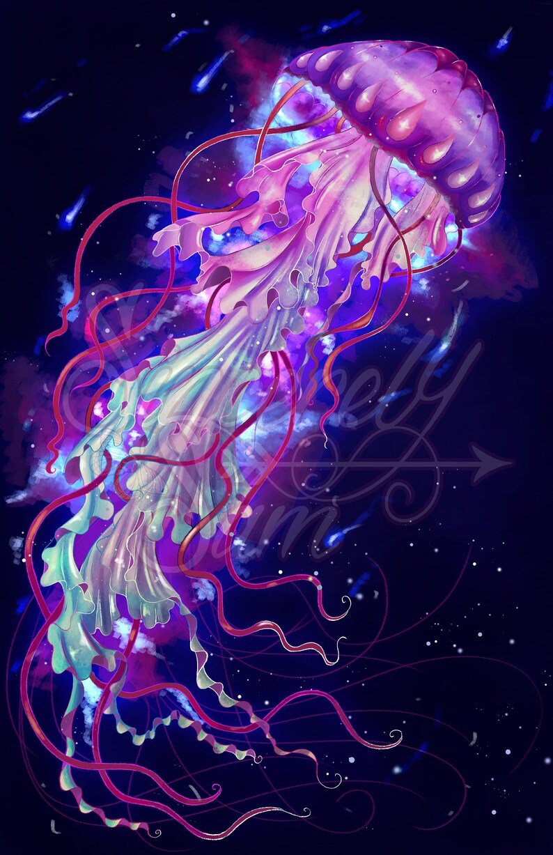 May include: A vibrant illustration of a jellyfish in a deep blue space. The jellyfish is a mix of purple, pink, and teal, with long, flowing tentacles. The background features nebulas and stars, creating a dreamy, cosmic feel.