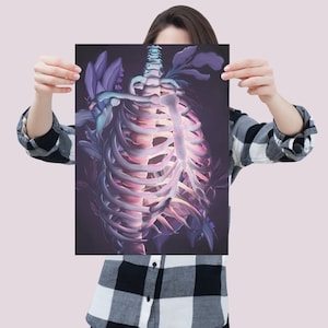 May include: A digital art print featuring a glowing, purple and blue ribcage with flowers growing around it. The ribcage is set against a dark background.