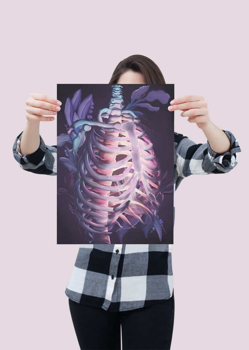 May include: A digital art print featuring a glowing, purple and blue ribcage with flowers growing around it. The ribcage is set against a dark background.