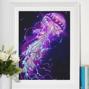 May include: A framed art print featuring a vibrant jellyfish illustration. The jellyfish is depicted in shades of purple, pink, and blue against a dark background. The artwork is framed in a white, ornate frame, adding a touch of elegance.