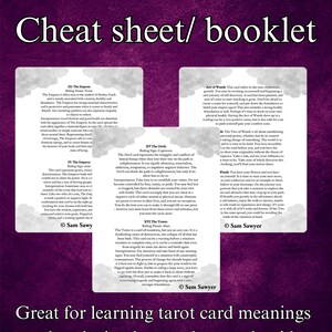 May include: A tarot cheat sheet/booklet with the title "Universal Tarot." The image features several tarot card descriptions, including "The Empress," "The Devil," and "The Tower." The booklet is designed for learning tarot card meanings and replacing lost or damaged guide booklets.