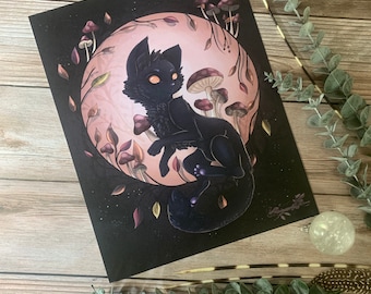 Autumn Kitty, wall art, cat wall art, floral, illustration, cat artwork, hangable art