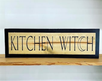 Kitchen Witch, Wooden Stained Witchy Signs with Frame and Moon Accent