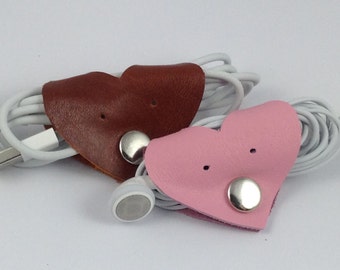 Leather Heart, Earphone, Useful Data Cable Organiser, USB Wrap, Cable, Headphone Holder, Cable Tidy, Small Cute Gift, Colors Avail.