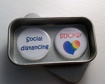 Social Distancing Sucks! Quarantine, Pandemic Greeting Card Alternative Magnet Gift Set with Gift Tin Handmade Keepsake