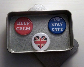 Keep Calm and Stay Safe Pandemic Quarantine Magnet Gift Set with Gift Tin, Handmade, Union Jack, British Inspired