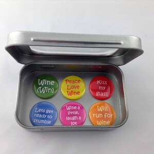 Amusing Wine Themed Magnet Set 6 x 25mm magnets complete with gift tin Perfect Stocking Filler Fun gift Gift for Her image 1