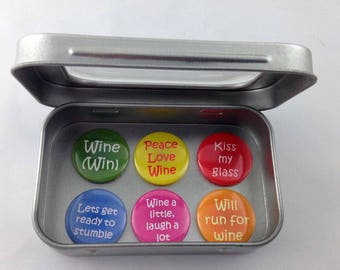 Amusing Wine Themed Magnet Set 6 x 25mm magnets complete with gift tin Perfect Stocking Filler Fun gift Gift for Her