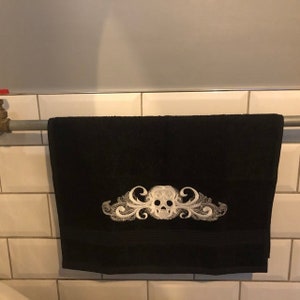 Skull embroidery , hand towel, gothic, halloween embroidered, bathroom decor ,goth bathroom , gothic home decor .