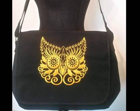 Steampunk messenger bag vintage canvas embroidered design Owl , steampunk , owl, owl bag