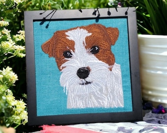 Retrato de mascota bordado personalizado: recuerdo enmarcado de algodón (20 x 20 cm)