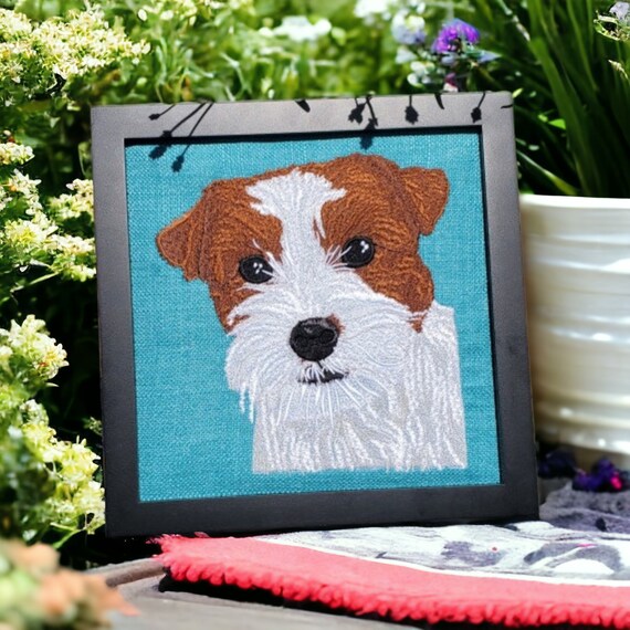 Custom Pet Portrait , Framed Pet Portrait , Memorial Pet Portrait , Embroidered Pet Portrait . Personalised embroidered Pet Portrait .