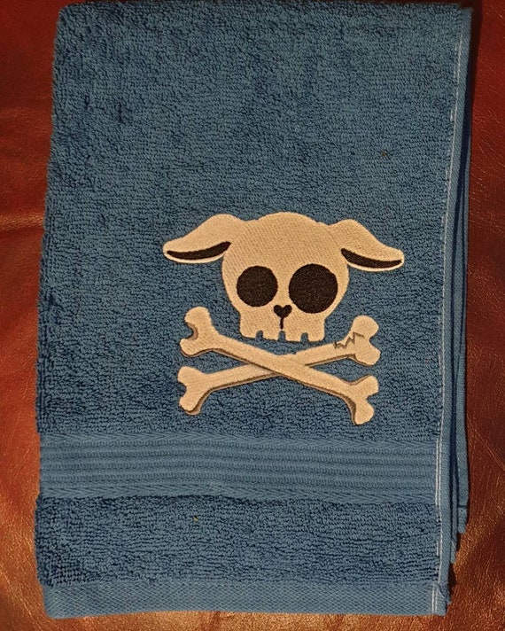 Embroidered novelty towel , puppy skull and bones gift, skully pup, puppy skull towel ,