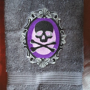 Skull Embroidery , hand towel, gothic, halloween embroidered, bathroom decor ,goth bathroom ,Skull Towel, gothic decor.