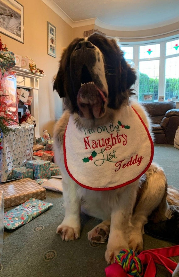 Dog Bib ,Large drool slobber dog bib, newfoundland bib,St Bernard bib, im on the naughty list christmas bib , large dog bib