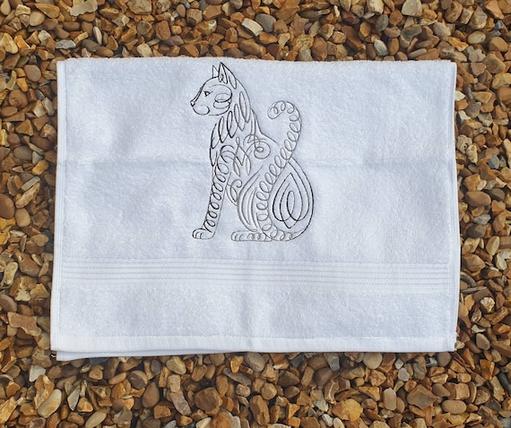 Scroll embroidered cat towel , cat lover towel , embroidered cat towel,