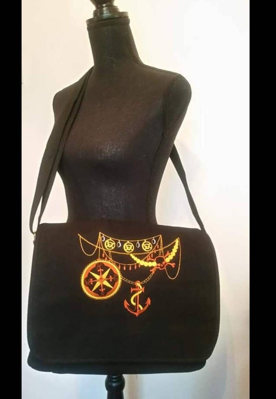 Steampunk messenger bag ,vintage ,canvas embroidered design, sea treasure elegant drape, canvas bag, embroidered shoulder bag,