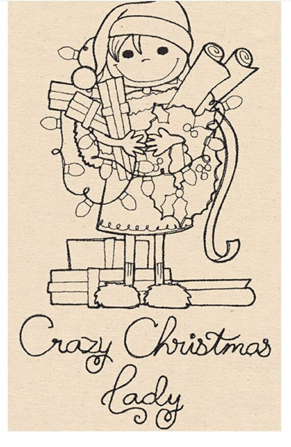Embroidered Tea towel dish cloth gift present cotton Crazy Christmas Lady ,