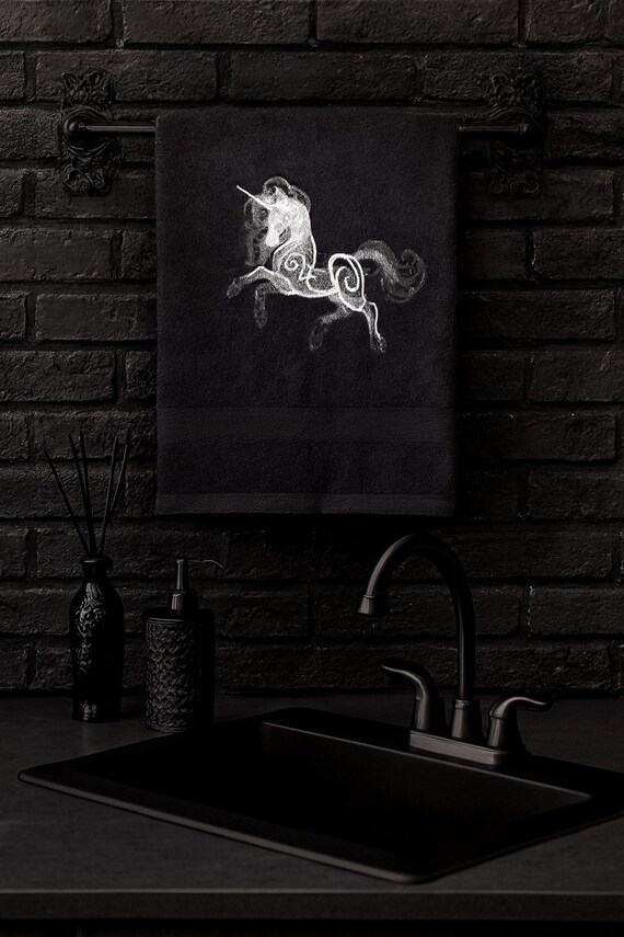 Gothic Unicorn Embroidered Towel – Dark Fantasy Bathroom Decor, Mystical Gift